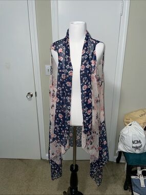 Floral Sheer Open Front Duster Vest - Navy & Blush